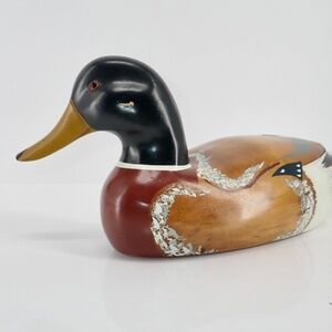 Vintage Solid Wood Mallard Duck Decoy Hand Carved & Hand Painted Glass Eyes 14"